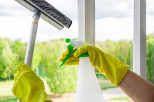 Window cleaning. A young woman sprays a cleaner on glass. Housework concept.